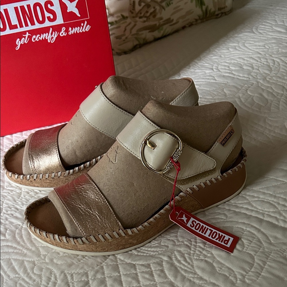 Pikolinos Metallic Gold and Cream Sandals